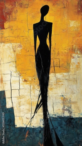 Abstract art featuring a black silhouette of a tall figure