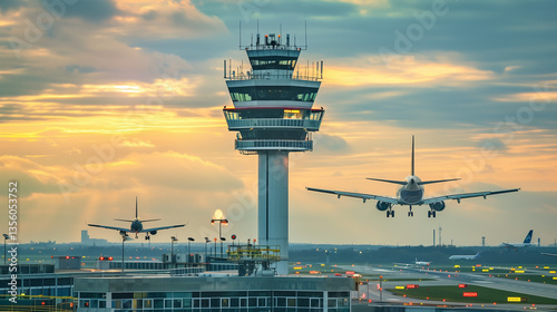 Air traffic control tower with planes taxiing below 