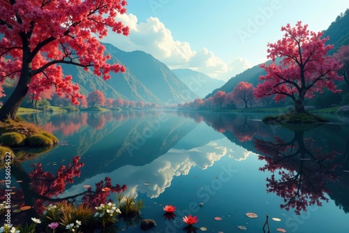 Intricate floral pattern reflected on calm lake surface, dark, photography, texture