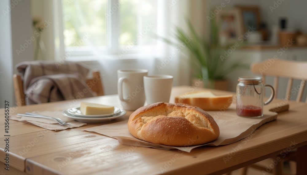 Freshly baked bread served with coffee and butter on a table Freshly baked bread served with coffee and butter on a table