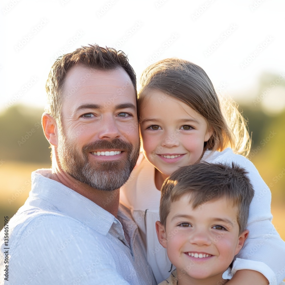 Fototapeta premium Loving father embraces kids, smiles outdoors