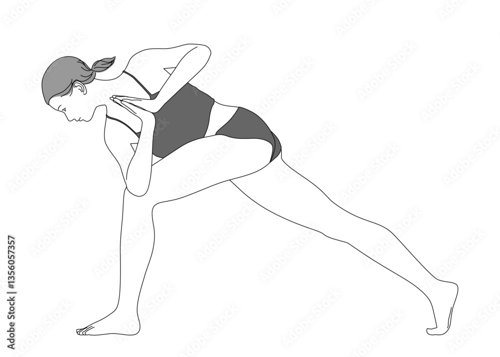 ヨガのプレイヤーズツイスト ねじりのポーズをする日本人女性のイラスト 全身横向き