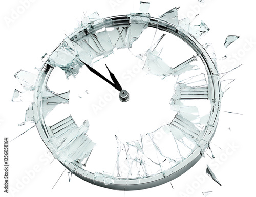 Oreo cookies falling down, flying around, from different angles, on a transparent background - A broken clock face with shattered glass fragments, set against a white background.
