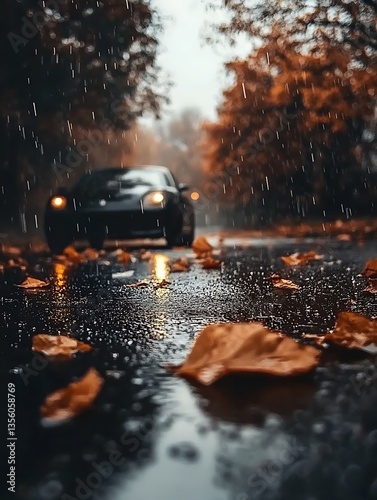 A dark automobile drives on a wet road during heavy rain