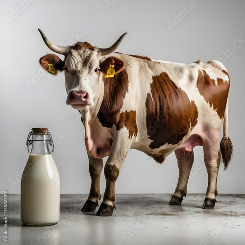 Wallpaper Mural A brown and white cow standing on a gray surface, Mother dairy cow standing with glass of milk, isolated white background Torontodigital.ca