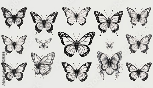 Butterfly Collection Black and White Illustration Detailed Insect Wing Designs