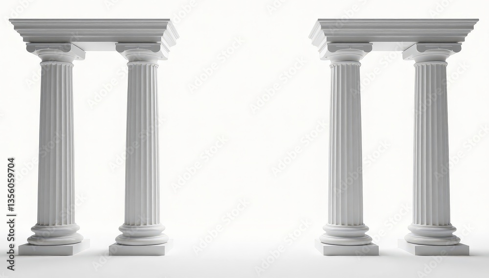Elegant Roman columns against a stark white backdrop, classical, architecture, contrast Elegant Roman columns against a stark white backdrop, classical, architecture, contrast