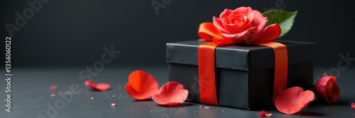 Black gift box with vibrant orange ribbon and delicate rose , surprise, romantic, valentine