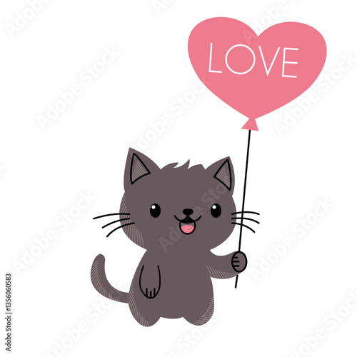 Kawaii style kitty holding pink balloon with word LOVE on it