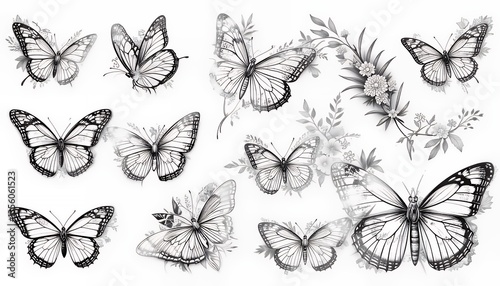 Butterfly Graphic Elements with Floral Accents in Black and White Style
