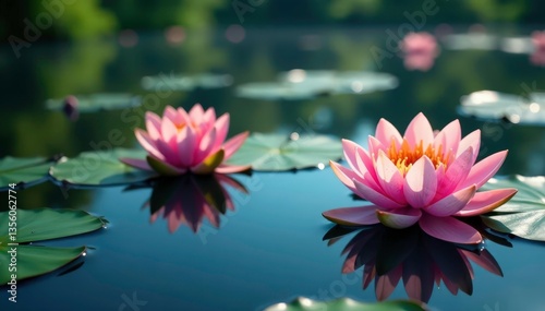 Intricate water lilies float on serene lake, creating floral pattern , green, water, summer