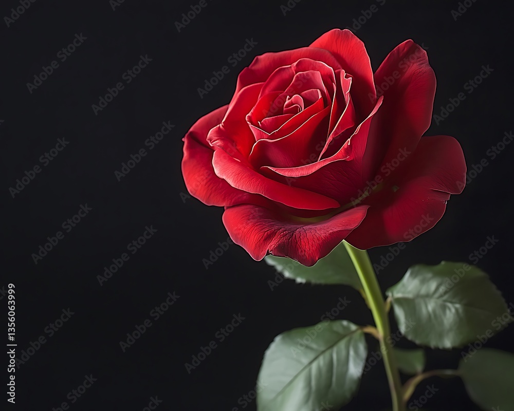 Fototapeta premium A vibrant red rose blooms against a dark black background