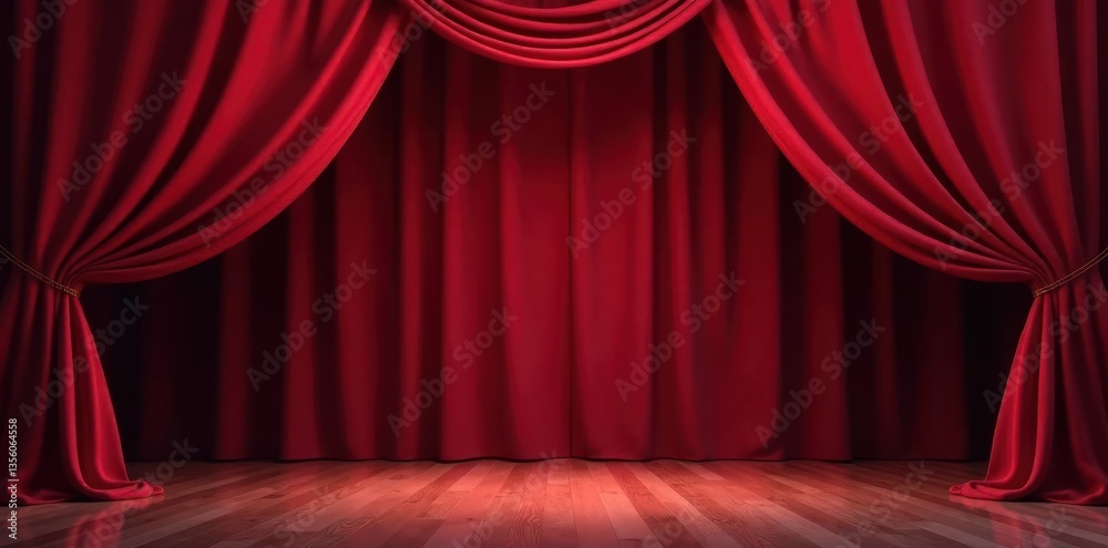 Fototapeta premium Deep red velvet drapes parting, revealing empty stage, velvet, setting