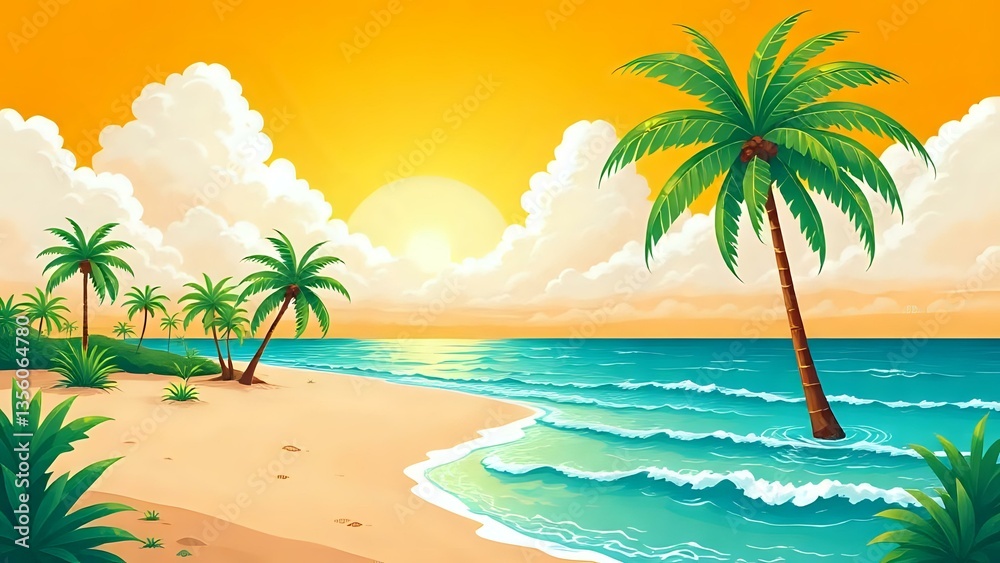 Obraz premium Cartoon illustration Tropical beach scene featuring swaying palm trees and a serene sea under a clear blue sky.