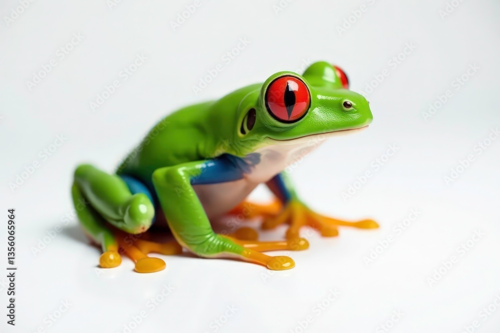 Obraz premium Single vibrant red-eyed tree frog against pure white, zoology, frog, specimen