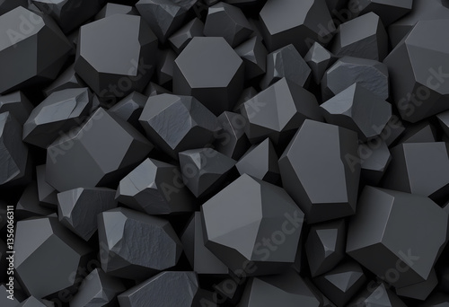 3D rendering of an abstract cluster of dark geometric rocks or crystals