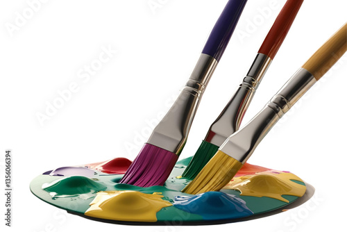 paintbrushes on palette, colorful paint, white background, isolated, no background