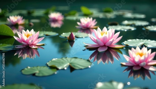 Pastel water lilies forming a repeating pattern on serene lake, bloom, image