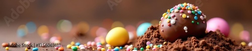 Vibrant chocolate egg, colorful sprinkles & mini eggs on cocoa , texture, colorful
