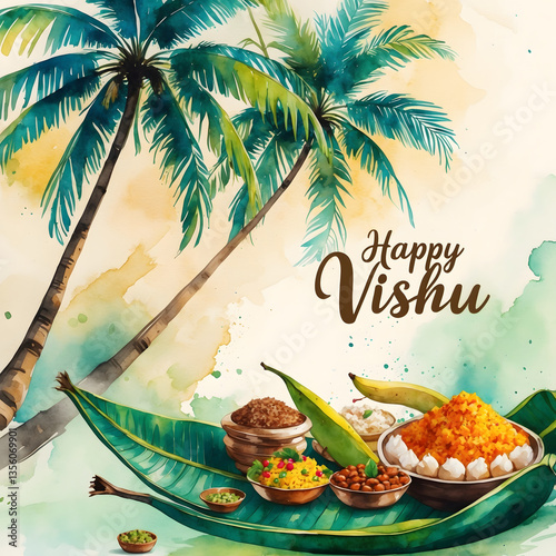 Happy Vishu greeting cards featuring traditional Vishu Kani, golden Konna flowers, temple motifs, diyas, Kerala elements, and festive symbols in a watercolor style, celebrating prosperity and traditio