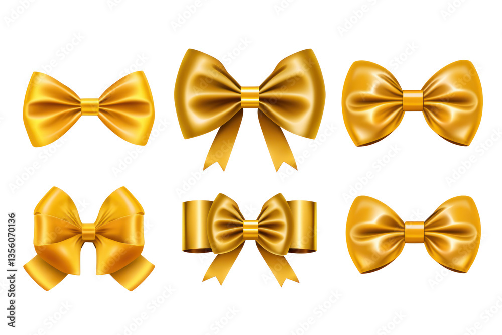 Collection of five stylish golden bows with intricate detailing and a vibrant horizontal yellow ribbon, isolated on white background Collection of five stylish golden bows with intricate detailing and a vibrant horizontal yellow ribbon, isolated on white background
