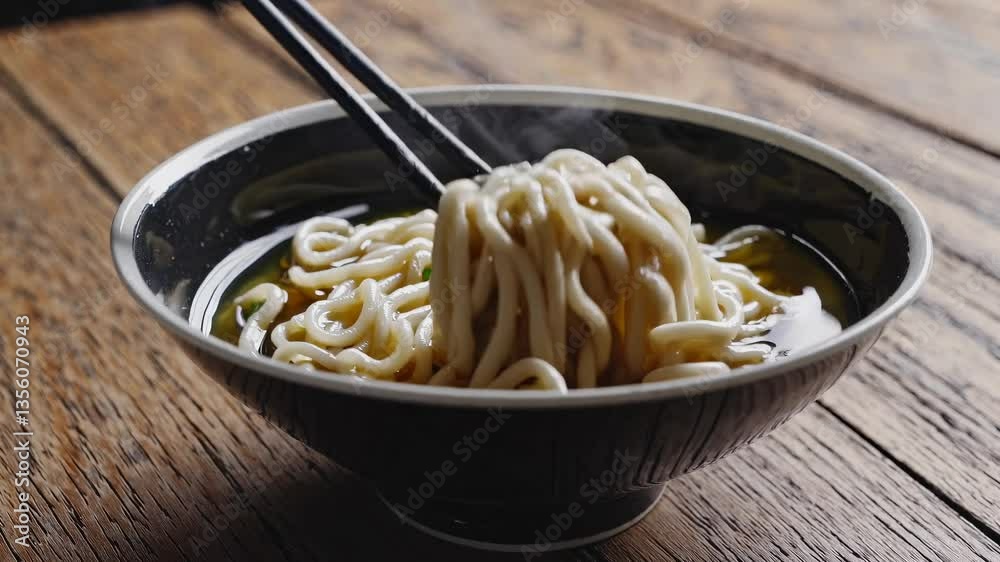 Close-up video shot of steaming udon noodles in broth, garnished with green onions, on a rustic wooden table, capturing a warm, inviting atmosphere.