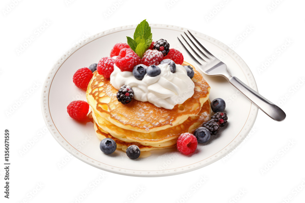 Close-up of a single buttermilk pancake with a fork and knife on a plate, isolated on white background Close-up of a single buttermilk pancake with a fork and knife on a plate, isolated on white background