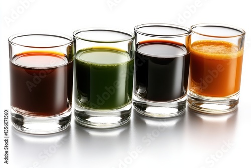 Colorful Assortment of Fresh Juices in Clear Glasses on Light Background