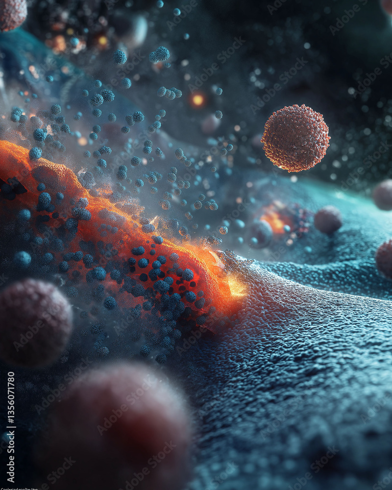 Fototapeta premium Apoptosis cell mechanism death pathway. Mitochondria biological. Signal regulation. Detailed 3D rendering illustrating the apoptosis process in biology.