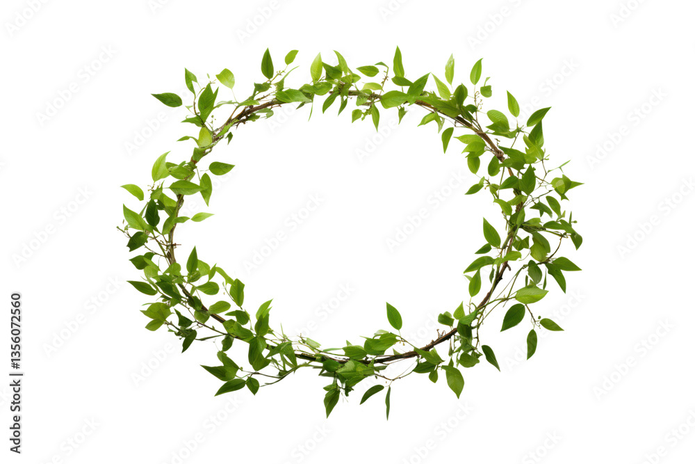 Circular arrangement of fresh green leaves on thin, flexible branches, forming a delicate wreath against a plain white backdrop Circular arrangement of fresh green leaves on thin, flexible branches, forming a delicate wreath against a plain white backdrop