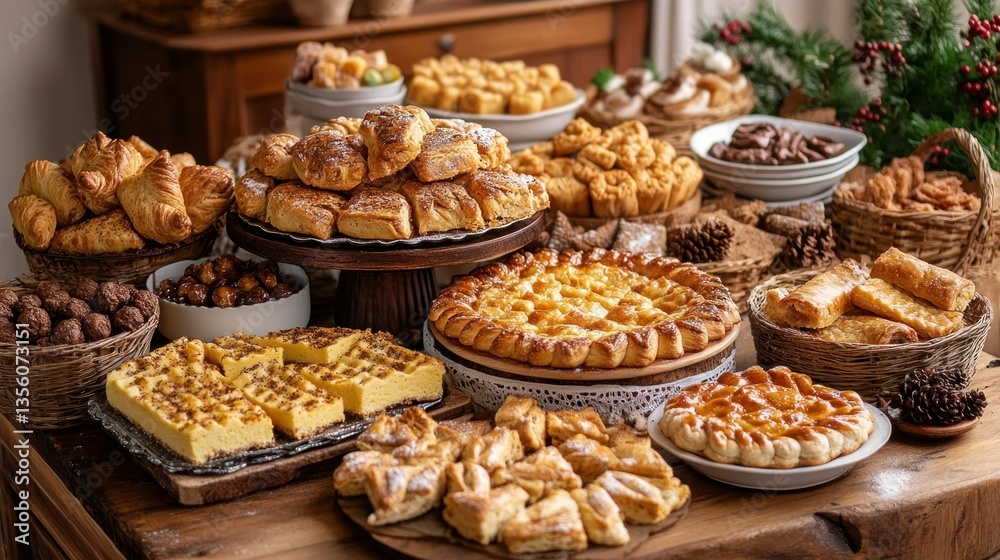 Festive array of pastries, pies, and cookies. A tempting spread of baked goods Festive array of pastries, pies, and cookies. A tempting spread of baked goods