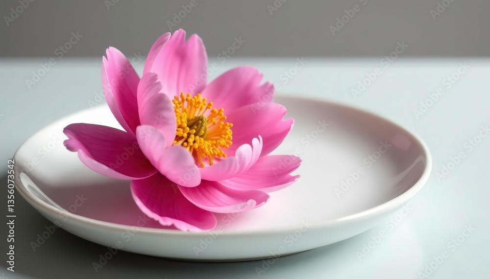 Fototapeta premium Single pink peony flower on white ceramic plate, ceramic, bloom