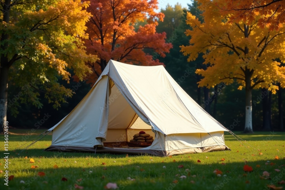 White cabin tent on grassy campground near autumnal trees , leaves, nature White cabin tent on grassy campground near autumnal trees , leaves, nature