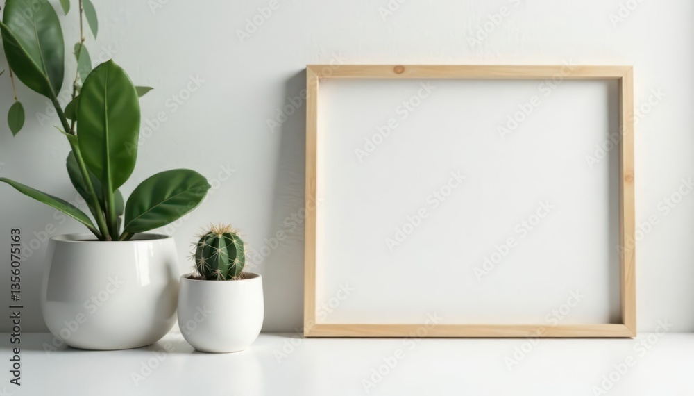 Empty frame mockup, cactus on white desk, bright background, product, element, minimal Empty frame mockup, cactus on white desk, bright background, product, element, minimal