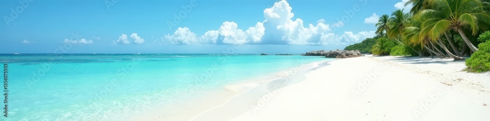 Fine white sand, clear water, distant green isle, pristine, shore, sand