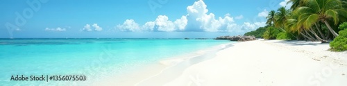 Fine white sand, clear water, distant green isle, pristine, shore, sand