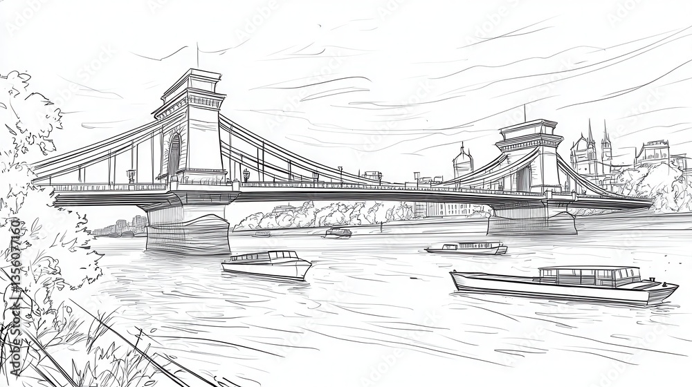 Obraz premium Sketch of a Historic Bridge Over a River with Boats and Scenic City Background in Black and White Line Art