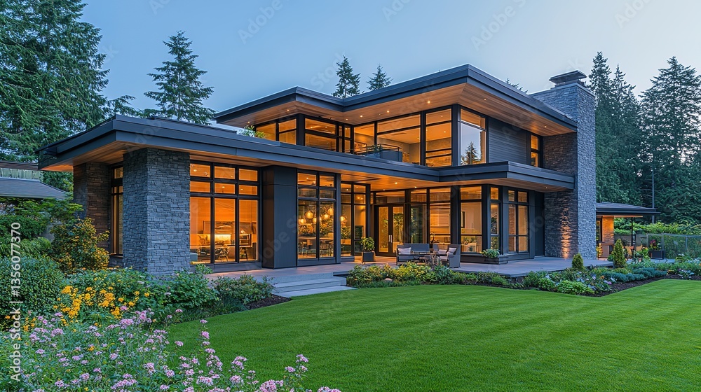 Modern house with clean lines, surrounded by lush greenery and soft natural light, embodying simplicity and harmony. Modern house with clean lines, surrounded by lush greenery and soft natural light, embodying simplicity and harmony.
