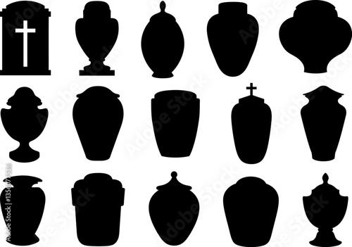 Collection of different funeral cremation urns silhouettes isolated on white