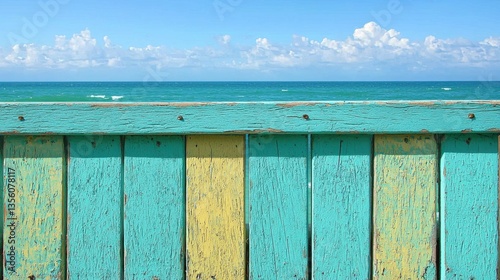 Weathered Turquoise and Yellow Wooden Fence Overlooking a Calm Ocean