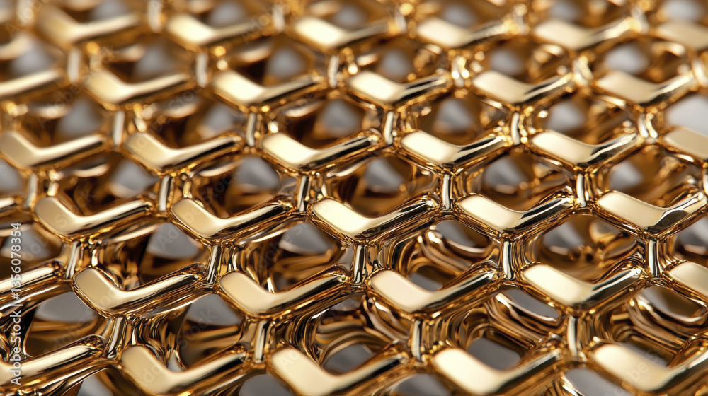 close up view of shiny, golden mesh pattern showcasing intricate geometric shapes and reflections, creating luxurious and modern aesthetic close up view of shiny, golden mesh pattern showcasing intricate geometric shapes and reflections, creating luxurious and modern aesthetic