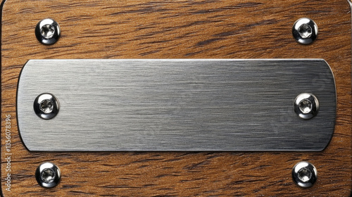 Wooden surface with metallic plate and screws, showcasing blend of natural and industrial elements, perfect for design projects