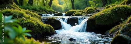 Meltwater cascades over mossy rocks, vibrant spring greenery , background, lush