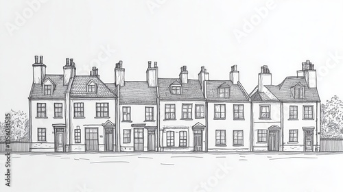 Detailed illustration of vintage townhouses with distinct chimneys and windows on a quiet street, showcasing architectural features and greenery in the background