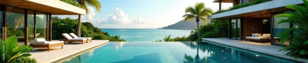 Fototapeta premium Modern villa, infinity pool, lush tropical garden, sunlight , serene, resort