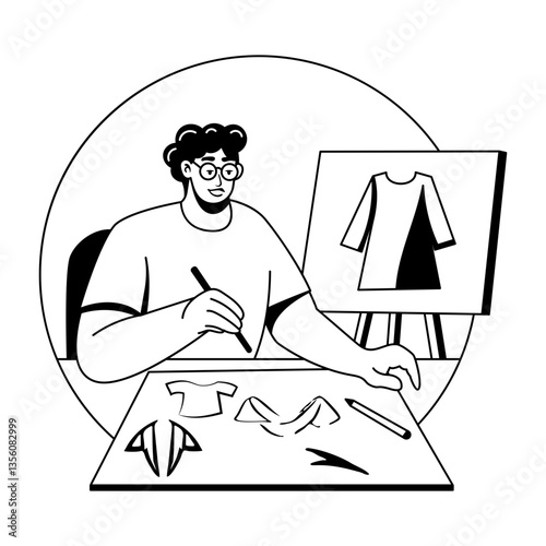 A glyph illustration of a character making shirt painting 