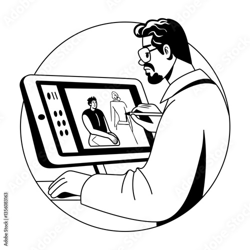 A glyph illustration of a character using drawing tablet 