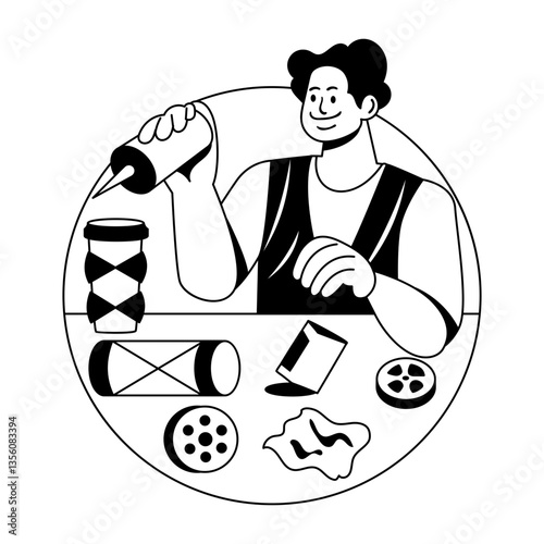 A glyph illustration of a character making recycling art 