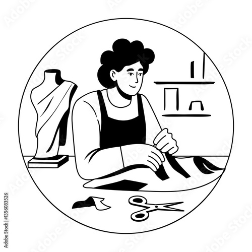A glyph illustration of a character doing paper drafting 