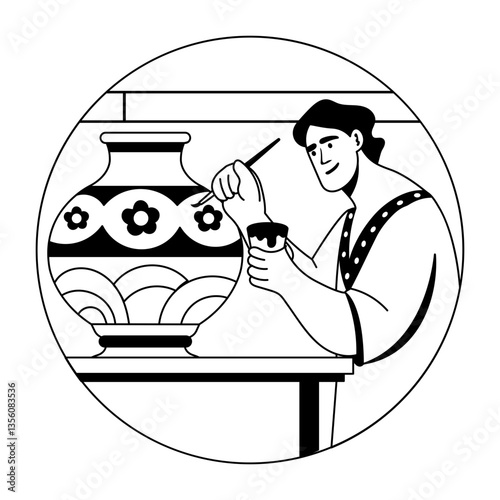 A glyph illustration of a character painting ceramic with different colours 